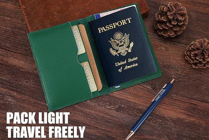 STAR VISTA Albatross Leather Travel Passport Holder, Minimalist Design, Calfskin Leather Case for Women and Men - Slim Passport Wallet, Bifold, RFID Blocking, Green
