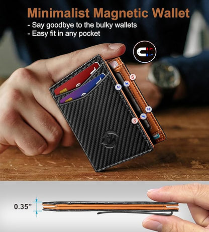 Magnetic Closure Slim Wallet with Money Clip Gift Boxed,Genuine Leather Front Pocket Wallet for Men, 3.9"x 2.9", RFID Blocking