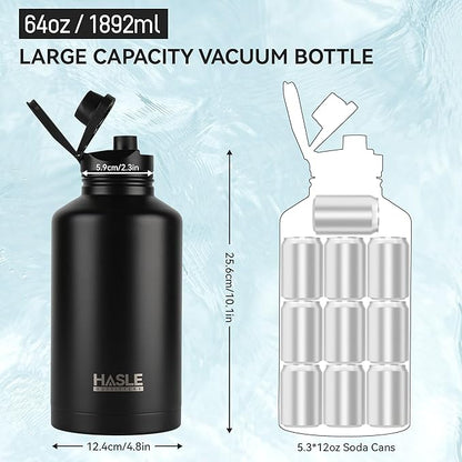 HASLE OUTFITTERS Half Gallon Insulated Water Bottles 64 oz, Stainless Steel Metal Water Jug with 2 Lids Keep Cold 48h/Hot 24h, Leak Proof & BPA-Free Water Flask Jug(Black,1)