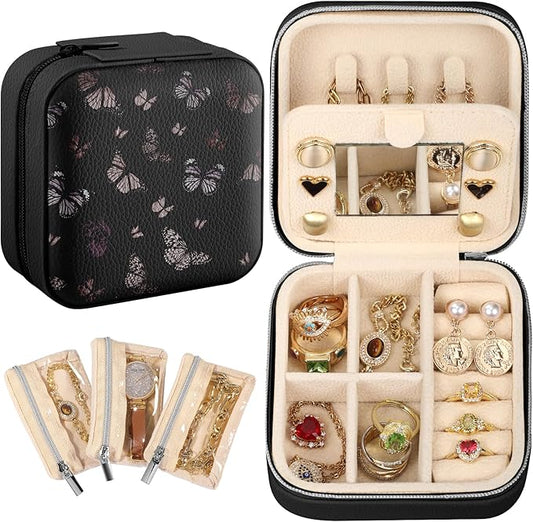 Bistup Travel Jewelry Case - Small Jewelry Organizers and Storage Box for Women Girls Teens Cute Traveling Jewelry Holder Mirror Little Tiny Compact Modern Unique Aesthetic Pretty, Black Butterfly