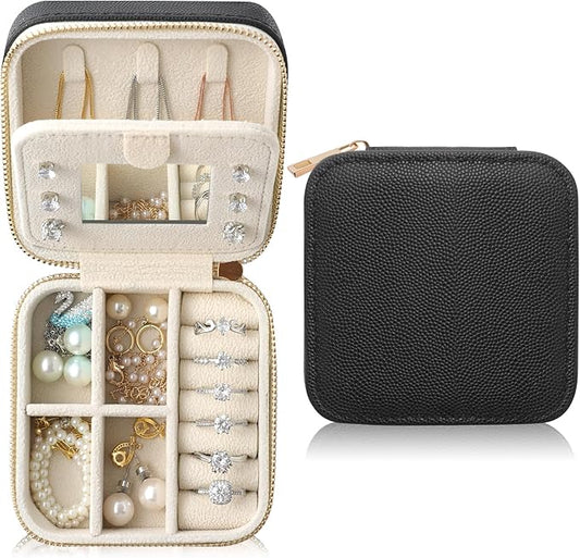 Genuine Leather Travel Jewelry Organizer Case with Mirror for Women, Small Mini Portable Jewelry Box for Earring, Ring, Necklace, Bracelet（Black）