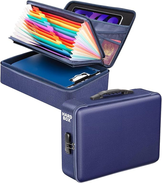 File Organizer, Hard Case Fireproof Document Box with Lock, Hard-Shell Important Document Organizer Safe Box Fireproof Waterproof, Home Office Supplies Storage and Organization (Blue)