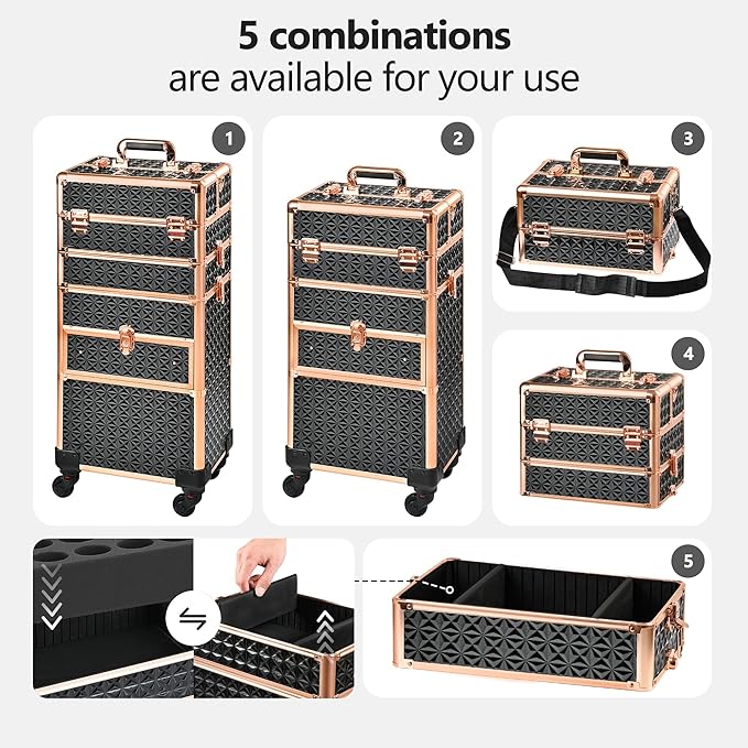 Makeup Train Case with Drawer, Rolling Makeup Case, Cosmetology Case on Wheels, Gift, Large Makeup Case Organizers, Professional for Salon Barber, Nail, Tattoo, Black Gold