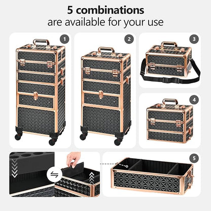 Makeup Train Case with Drawer, Rolling Makeup Case, Cosmetology Case on Wheels, Gift, Large Makeup Case Organizers, Professional for Salon Barber, Nail, Tattoo, Black Gold