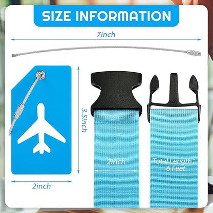 Weewooday 8 Pcs Luggage Straps Suitcase Tags Set for TSA Approved, 4 Travel Adjustable Suitcase Belt, 4 Silicone Luggage Tags with Name ID Card Travel Accessories(Blue,Airplane)