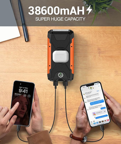 Solar Charger Power Bank -38600mAh Solar Phone Charger Built in 3 Cables Waterproof Outdoor External Battery Pack with 4 Outputs 2 Inputs USB C 15 W Powerbank with Camping Light Compass