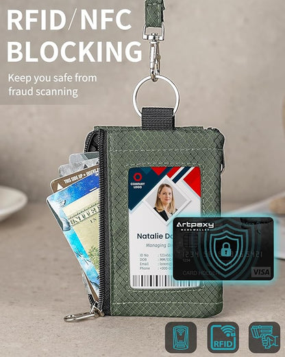 Minimalist Wallet For Mens Womens, Keychain RFID Blocking Zipper Small Wallet with ID Window 2 Lanyards,Water Resistant Travel Cash Card Coin Case Boys Girls