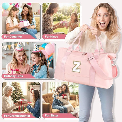 Dance Gym Duffel Bag for Teen Girls, Personalized Initial Travel Weekender Bag,Cute Overnight Carry On Duffle for Women,Sports Travel Cheer Bag,Monogram Christmas Gifts for Tween Preppy(pink-Z)