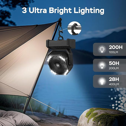 KITWLEMEN Camping Fan with Light - 20000mAh Rechargeable Battery Fan, 60Hrs Max Run Time, 4 Speeds, Timer, Auto Oscillation, 270° Pivot & Hook for Camping, Power Outage, Hurricane