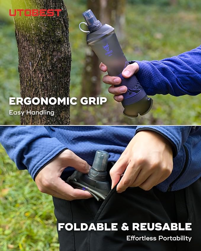 500ml Soft Flask, 2 Pack Flexible TPU Hydration Water Bottle, Collapsible with 28mm Caliber for Running, Hiking, Cycling, Climbing, and Marathon Purple