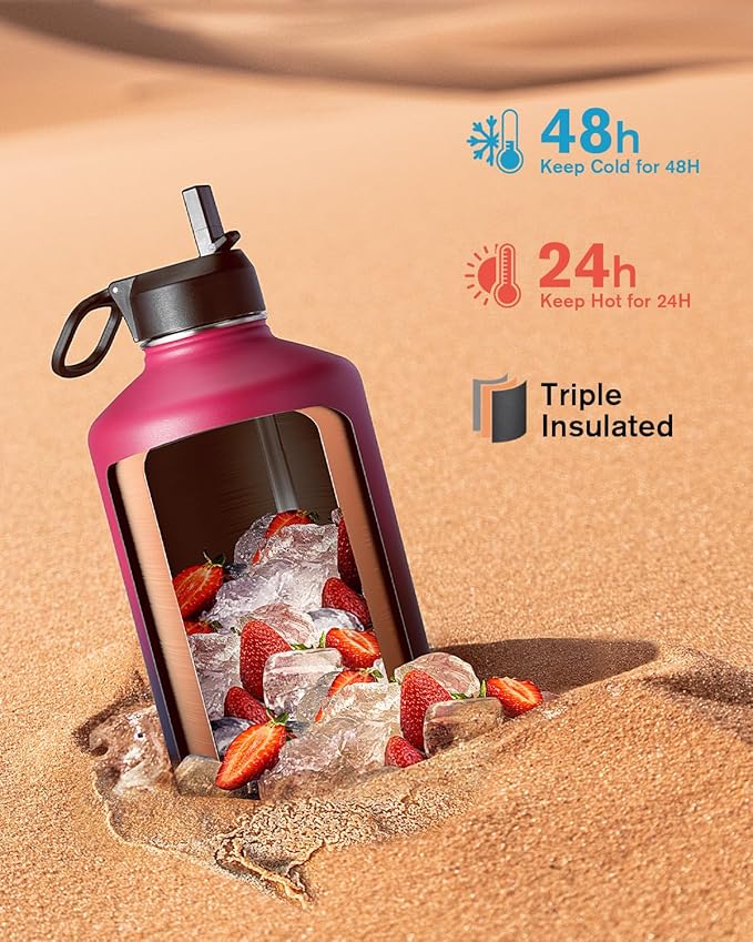 Coolflask 128 oz Gallon Water Bottle Insulated with Straw&3 Lids, Water Jug Large Stainless Steel Metal Vacuum Wide Mouth for Sports, Gym or Office, Non-BPA Keep Cold 48H Hot 24H, Ombre Wine/Navy
