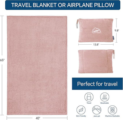 BEDELITE Travel Blanket with Bag, Ultra-Soft Jacquard Fleece Blanket with Luggage Sleeve & Backpack Clip, Airplane Blanket Travel Essentials, Pink