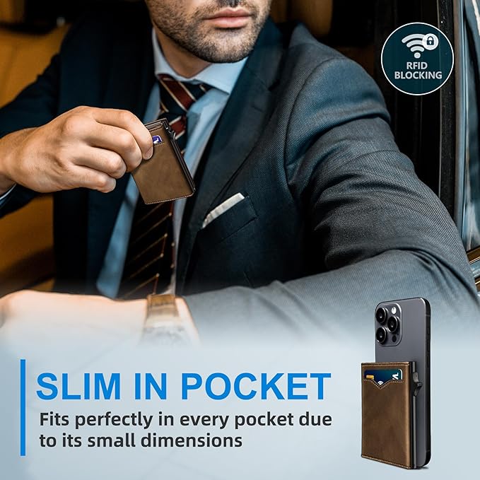 Wallet for Men,with Cash Pocket 2 ID Window 9-13 Cards,Metal Case Smart Slim Pop Up Credit Card Holder Flip with Magnetic Closure RFID Blocking Trifold wallet with Gift Box