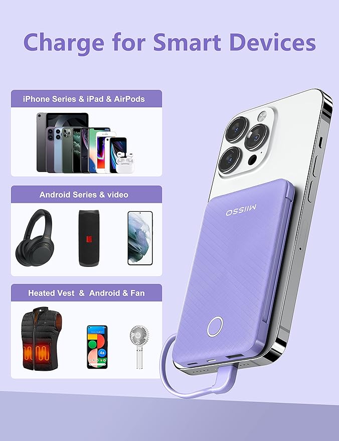 miisso 6000mah Ultra Slim Built in Cables Power Bank, Card Size Built in USB C Cords Battery Pack Portable Charger for Phones, 3 Output External Battery Pack Compatible with iPhone, Purple