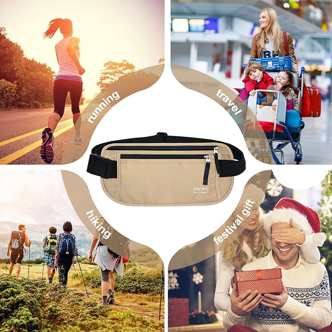 RFID Blocking Money Belt for Men Women, Slim Fanny Pack For Travel，Running,Conceal Waist Wallet For Passport Holder,Phone,Cash(Black Beige), Black Beige