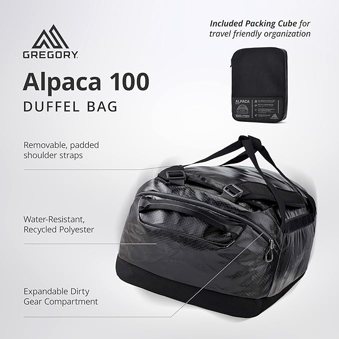 Gregory Alpaca 100L Water-Resistant Travel/Gear Organization Duffel Bag with included Packing Cube, Obsidian Black
