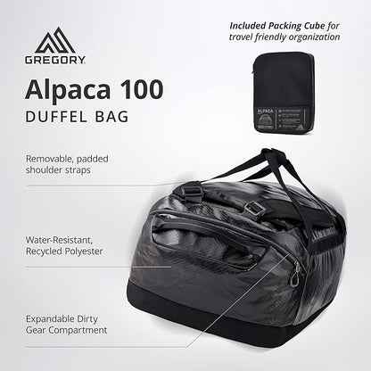 Gregory Alpaca 100L Water-Resistant Travel/Gear Organization Duffel Bag with included Packing Cube, Obsidian Black