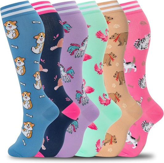 fenglaoda Compression Socks Women Men 6 Pairs, Knee High Best Support Circulation Socks for Running, Travel, Flight, Nurse