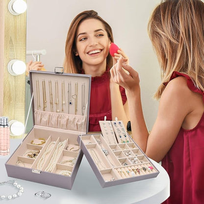 ProCase Jewelry Box for Women, 2 Layers Large Leather Jewelry Organizer Storage Case with Removable Pad for Earrings -Pearlizedsilver
