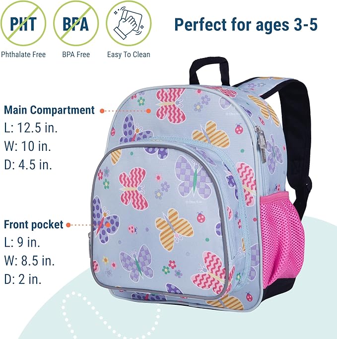 Wildkin 12-inch Kids Backpack – Padded, Adjustable, Ideal for Daycare & Travel - Butterfly Garden