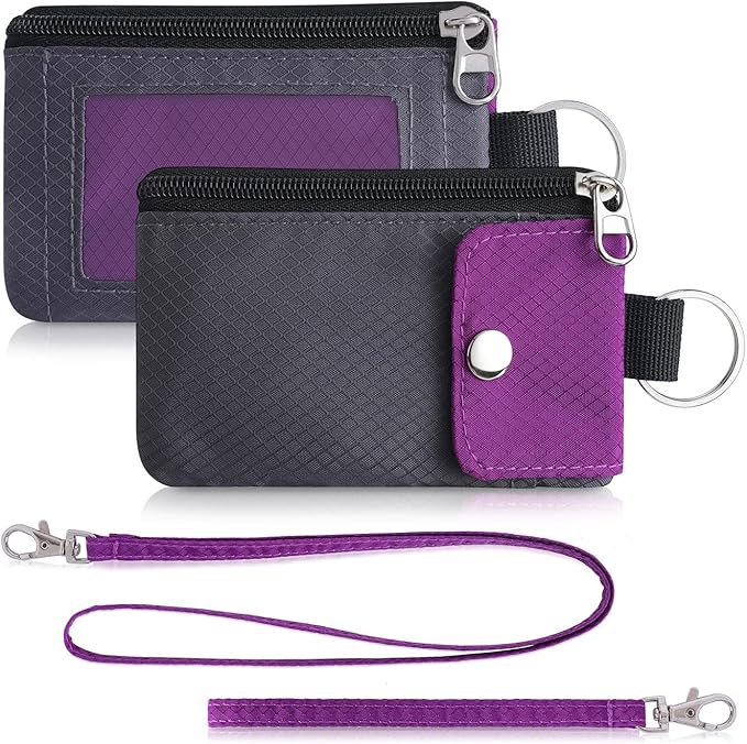Minimalist Wallet For Mens Womens, Keychain RFID Blocking Zipper Small Wallet with ID Window 2 Lanyards,Water Resistant Travel Cash Card Coin Case Boys Girls