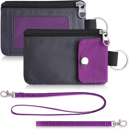 Minimalist Wallet For Mens Womens, Keychain RFID Blocking Zipper Small Wallet with ID Window 2 Lanyards,Water Resistant Travel Cash Card Coin Case Boys Girls