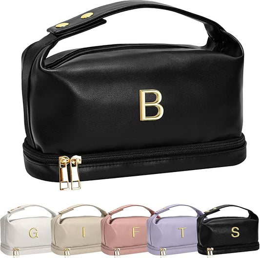 Young Women Gifts, Personalized Makeup Bag with Handle, Cool Gifts for Her Cosmetic Bag with Makeup Brush Organizer, PU Leather Travel Toiletry Bag, Gifts for Friends Female Mom