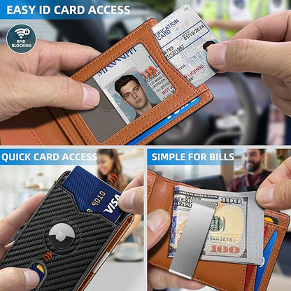Airtag Wallet for Men,with Money Clip 11 Cards Slim Front Pocket Leather RFID Blocking Wallet with Gift Box