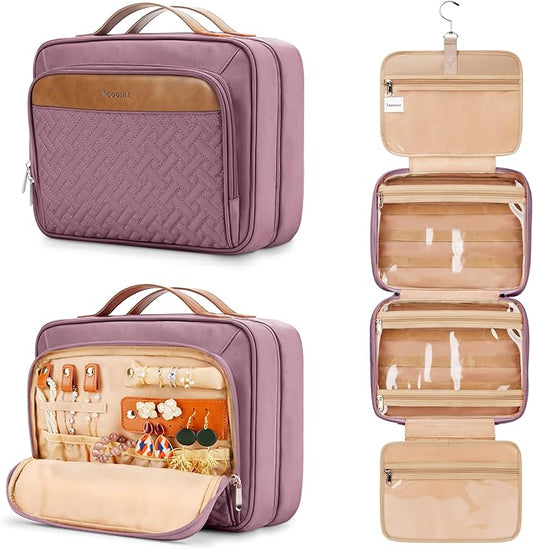 Travel Hanging Toiletry Bag for Women, with Jewelry Organizer Compartment, Medium Waterproof Hanging Makeup Accessories, Cosmetic Essentials, Toiletries Dopp Kit Set with Trolley Belt, Dark Purple