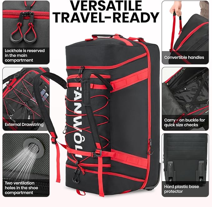 Fanwoli 92L 120L Large Rolling Duffle Bag with Shoes Compartment, 30’’ Expandable & Foldable Heavy Duty Water Resistant Travel Backpack, Convertible Foldable Duffel for Gym Camping Weekender