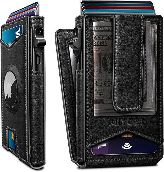 Airtag Wallet for Men,with Money Clip Gift Boxed,Slim Front Pocket Wallet RFID Blocking Metal Case Smart Pop-up Credit Card Holder in Magnetic Leather Flip