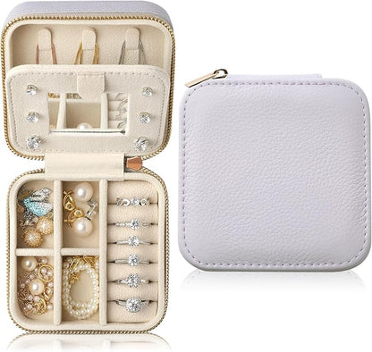 Genuine Leather Travel Jewelry Case Organizer with Mirror for Women, Small Jewelry Box Portable Mini Jewelry Case for Earring, Ring, Necklace, Bracelet（Lychee Grain Purple）