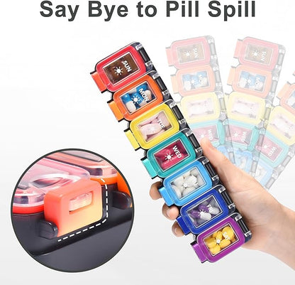 Fullicon Moisture Proof Pill Organizer 2 Times a Day, Large 7 Day Box, Spill Proof Case, Travel Container, Medicine Organizer With Secure Lids (Rainbow Black)