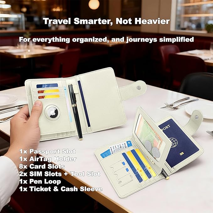 Passport Holder for Travel, RFID Blocking Leather Airtag Wallet for Women Men, Large Passport Cover Essentials Gift, Tickets, Cash, Photo, Sim Card Pen Slot - White