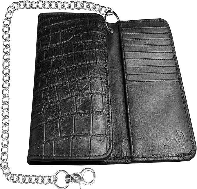 IBRO VINTAGE Motorcycle Chain Wallet for Men – Premium Cowhide Leather, RFID Tri-Fold Biker Wallet with Heavy Duty Chain for Bikers Truckers & Hunters, Credit Card Money Organizer Long Wallet