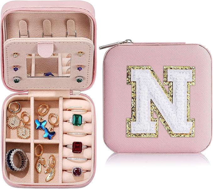 Parima Small Initial Jewelry Box for Girls - Travel Organizer Case With Letter O, Pink