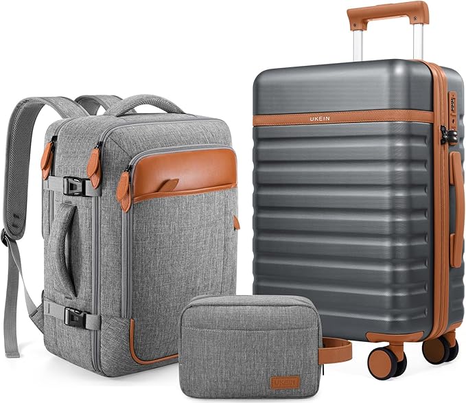 UKEIN Luggage Sets 3 Piece, PC Hardside Large Luggage 24 Inch With Spinner Wheels with TSA Lock, Carry On Suitcase Set With Travel Backpack (Grey, 3 piece set (24inch))