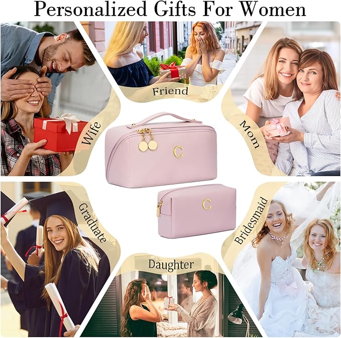 Birthday Gifts for Women Teen Girl, Personalized Initial Makeup Organizer Bag Set, Open Flat Travel Cosmetic Bag With Clear Divider and Handle(Pink,C)