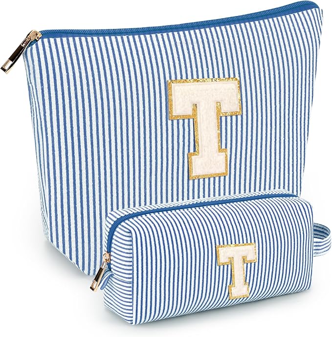 2 PCS Initial Makeup Bags for Women: Cosmetic Bag for Travel Toiletry - Birthday Gifts for 11 12 13 14 15 16 17 18 Years Old Girl Graduation Teacher Gift- Teen Girl Gifts Trendy Stuff - Blue T