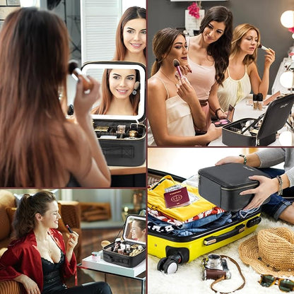 Makeup Travel Train Case with Mirror LED Light 3 Adjustable Brightness Large Cosmetic Bag Portable Storage Adjustable Partition Waterproof Makeup Brushes Make up Jewelry Gift for Women
