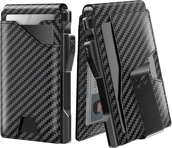 typecase Tactical Wallet for Men Card Holder: Pop Up Card Case, Genuine Leather, Smart, RFID Blocking, Slim, Minimalist, Thin, Front Pocket - 9-13 Card Capacitiy, ID Window, Money Clip (Carbon Fiber)