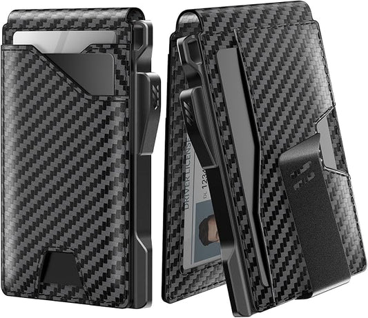 typecase Tactical Wallet for Men Card Holder: Pop Up Card Case, Genuine Leather, Smart, RFID Blocking, Slim, Minimalist, Thin, Front Pocket - 9-13 Card Capacitiy, ID Window, Money Clip (Carbon Fiber)