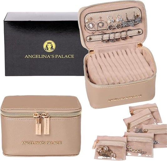 Angelina's Palace Jewelry Organizer Case Bridesmaid Gifts Travel Bag Vegan Leather Box for Necklace Earring Bracelet Ring(champagne)