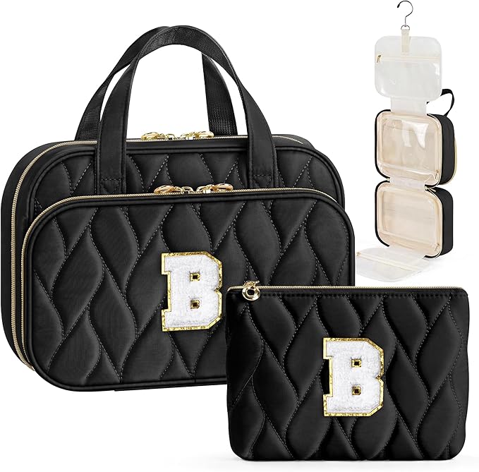 YOOLIFE Gifts for Friends - Friendship Gifts for Women, Travel Toiletry Bag for Women, Hanging Toiletry Bag, Monogrammed Initial Toiletry Pouch Makeup Bag Black - B