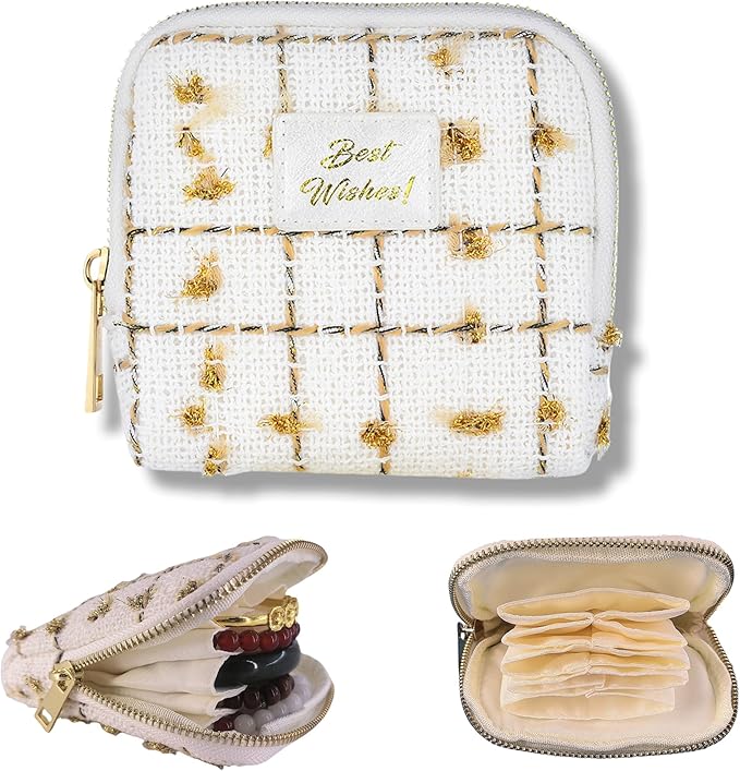 Small Travel Jewelry Case, Soft Tweed Organizer Pouch for Bangle, Bracelets, large Earrings, Beaded necklace, Anti-Scratch & Portable Jewelry Bag Holder for Travel & Everyday Use (Sunbeam Grid)