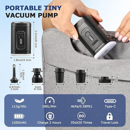 TPU Vacuum Bag for Travel, 70D Nylon Reusable Compression Bag with IP67 Waterproof Zipper, Compression Packing Cubes for Clothing(Gray-2 PCS + PUMP)