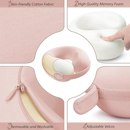 Car Pillow for Big Kids Travel Neck Pillows, Memory Foam Neck Support Travelling Pillow with Washable Cotton Pillowcases and Storage Bag, for Airplane, Train, Flight and Home Use Pink