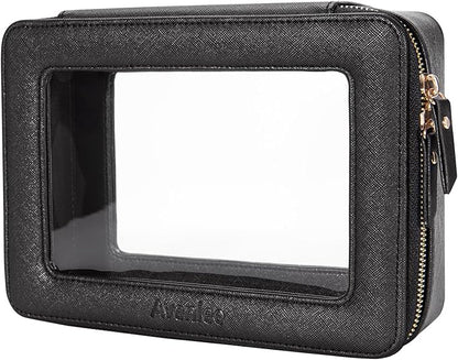 Aveniee Clear Makeup Bag Organizer, Portable Travel Toiletry Cosmetic Bag Case for Women, Heavy Duty Clear Pouch with zipper with Transparent Vinyl Windows & Gold Zippers(Black)