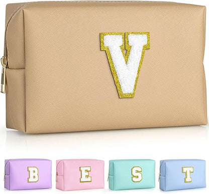 TOPEAST Initial Makeup Bags for Women, Personalized Portable Cosmetic Bag for Travel, Cute Makeup Pouch, PU Leather Waterproof Toiletry Bag, Preppy Things for Girl (Khaki V)