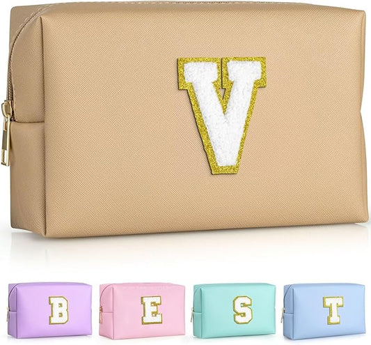 TOPEAST Initial Makeup Bags for Women, Personalized Portable Cosmetic Bag for Travel, Cute Makeup Pouch, PU Leather Waterproof Toiletry Bag, Preppy Things for Girl (Khaki V)